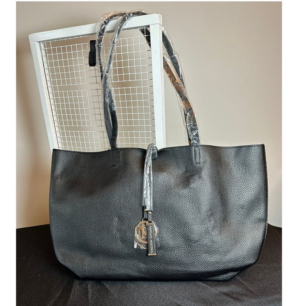 Badgley Mischka Black Vegan Leather Decorative Chain Tote Bag BMH-015 NWT